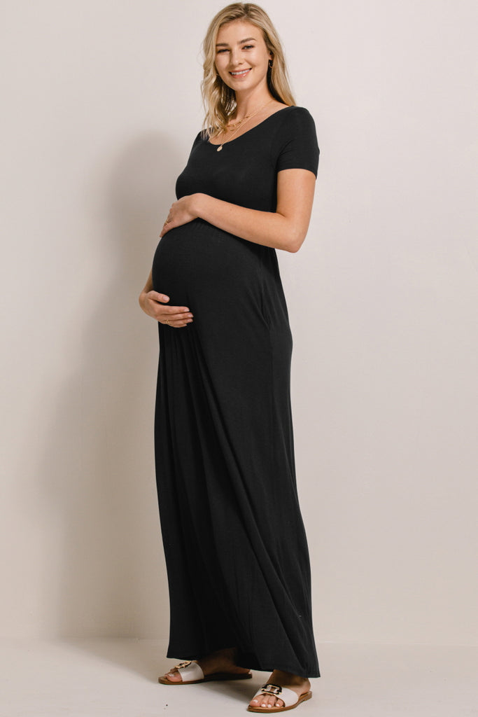 Black Solid Round Neck Maternity Maxi Flared Dress