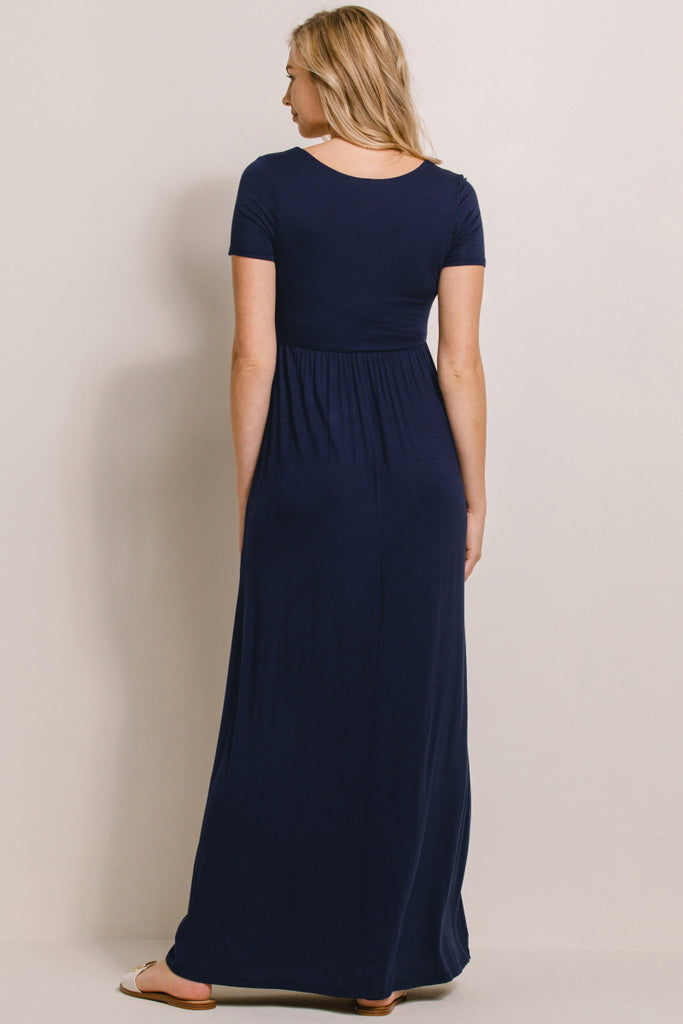 Navy Round Neck Maternity Maxi Flared Dress