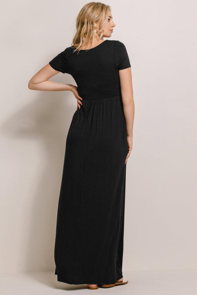 Black Solid Round Neck Maternity Maxi Flared Dress