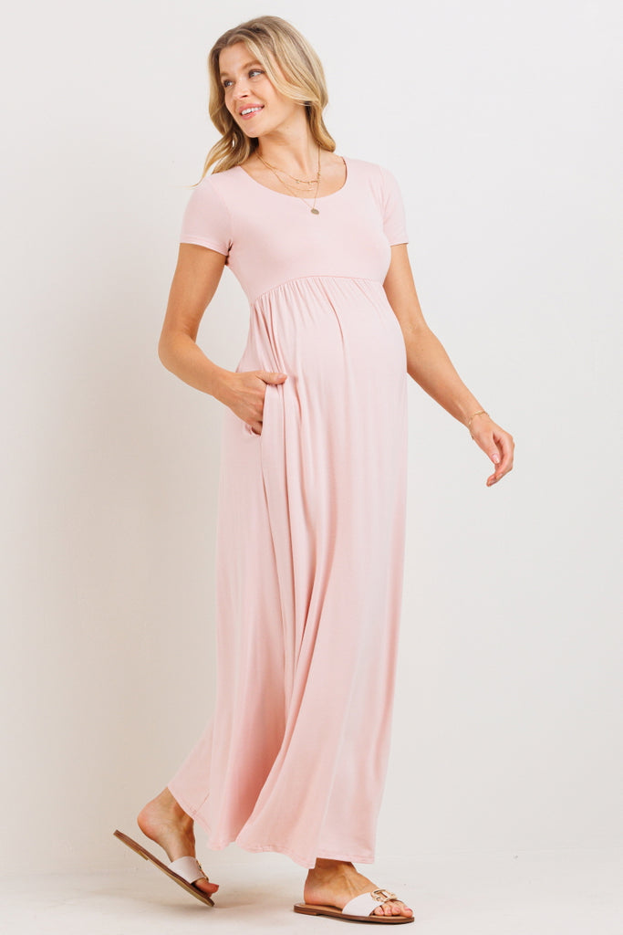 Blush Solid Round Neck Maternity Maxi Flared Dress