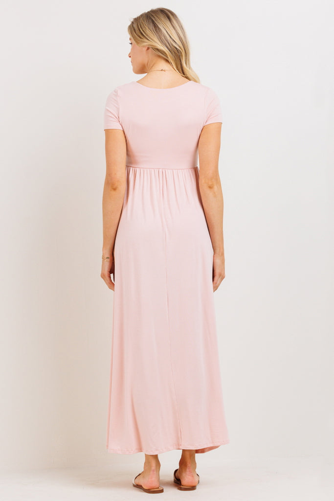 Blush Solid Round Neck Maternity Maxi Flared Dress