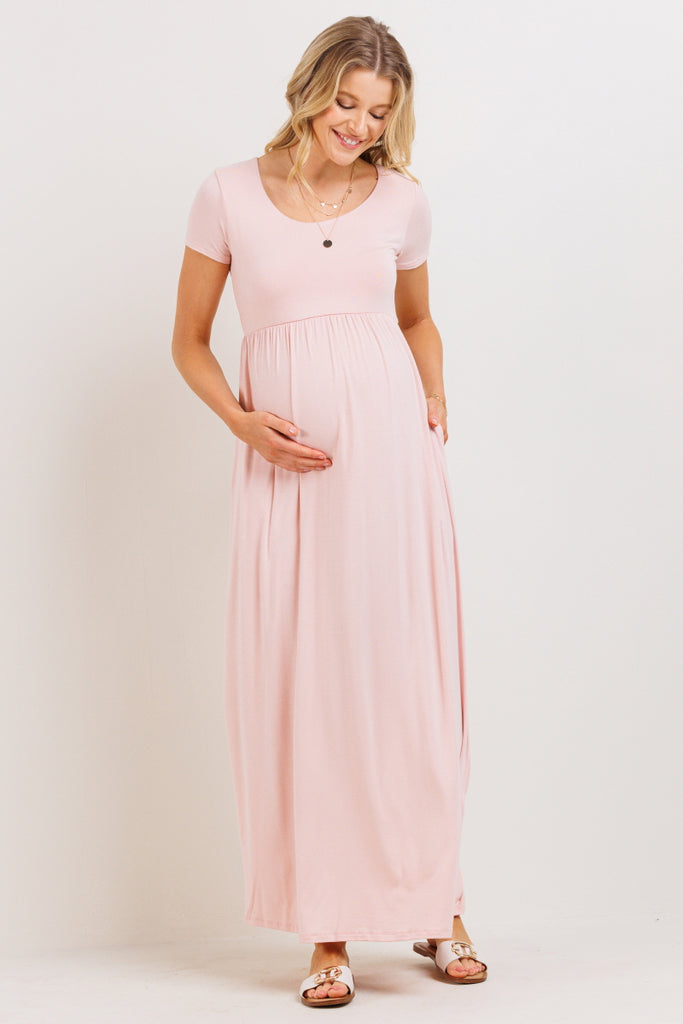 Blush Solid Round Neck Maternity Maxi Flared Dress