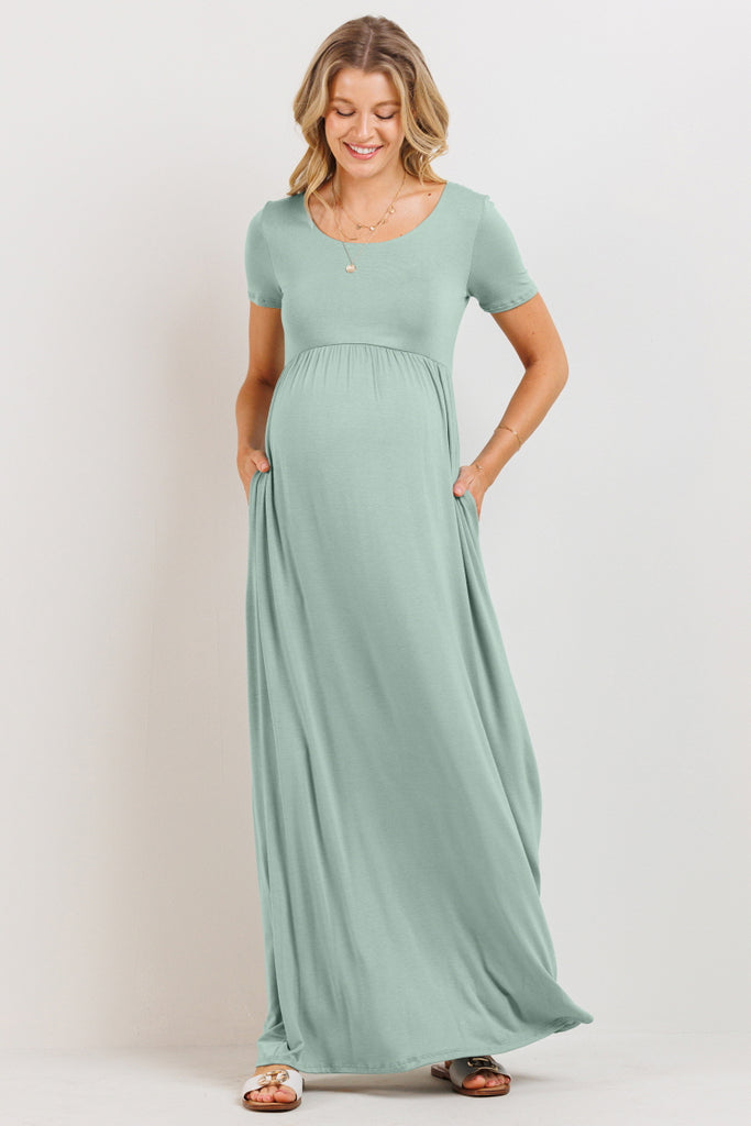 Sage Solid Round Neck Maternity Maxi Flared Dress