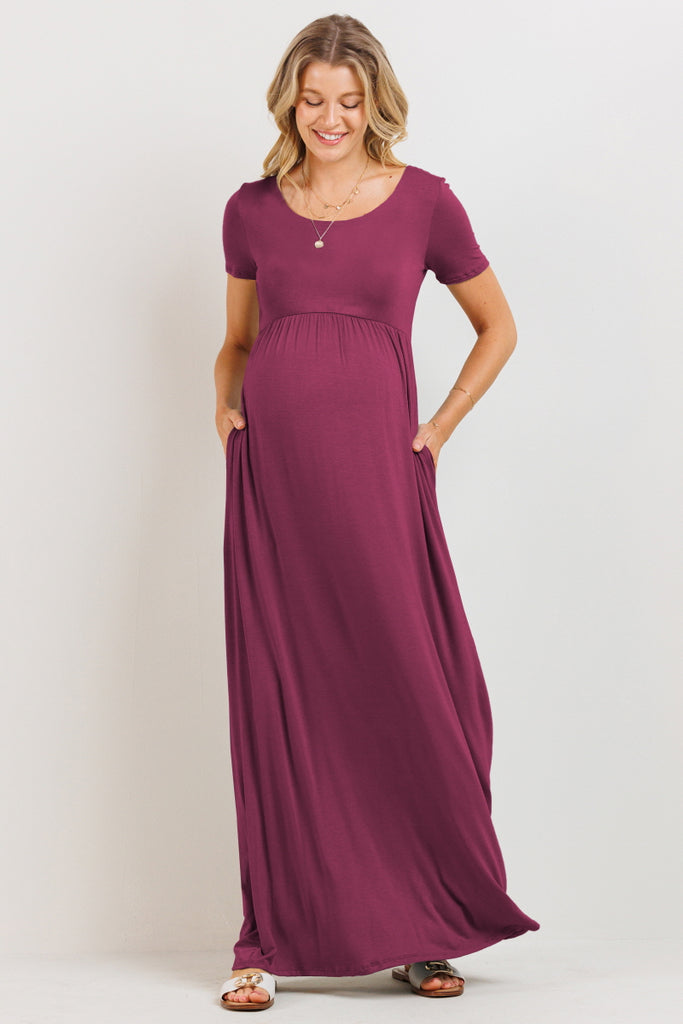 Magenta Round Neck Maternity Maxi Flared Dress