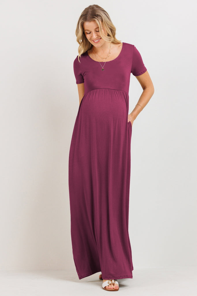 Magenta Round Neck Maternity Maxi Flared Dress