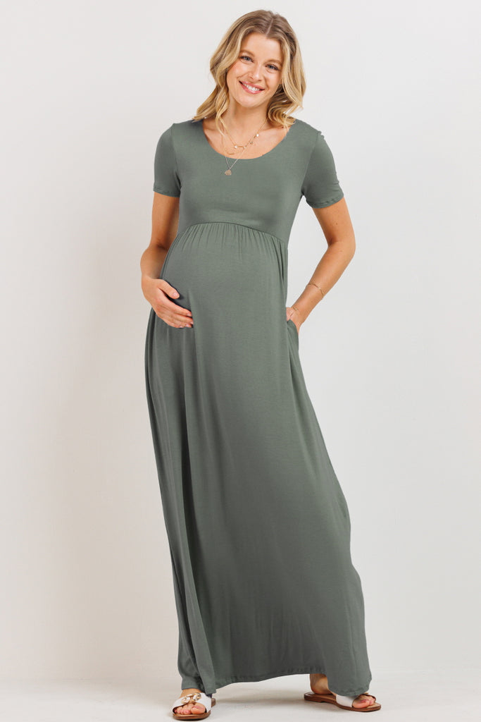 Olive Round Neck Maternity Maxi Flared Dress