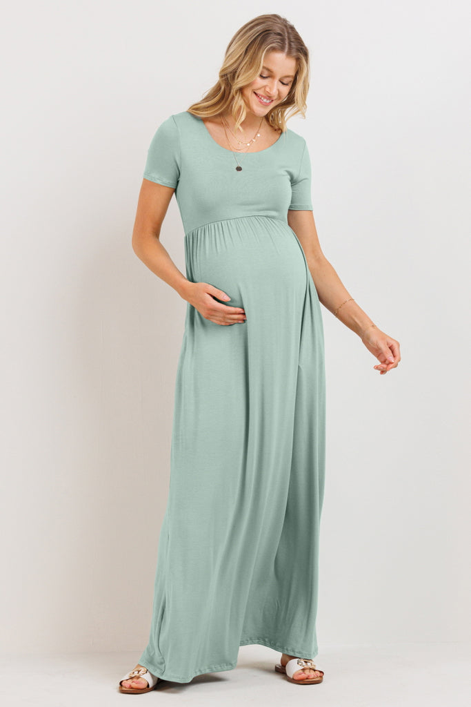 Sage Solid Round Neck Maternity Maxi Flared Dress
