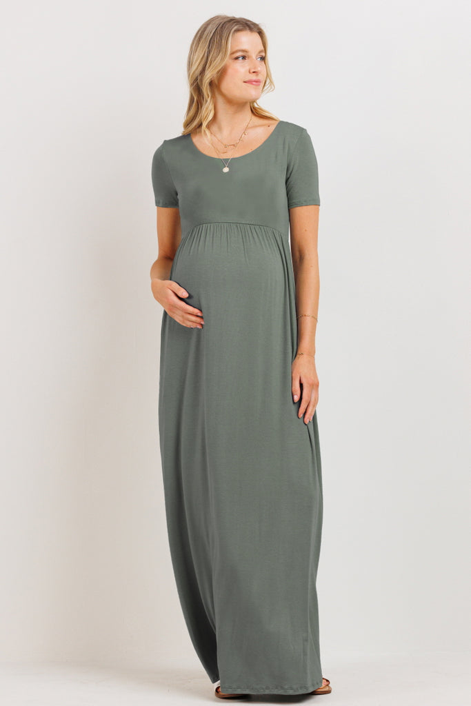 Olive Round Neck Maternity Maxi Flared Dress