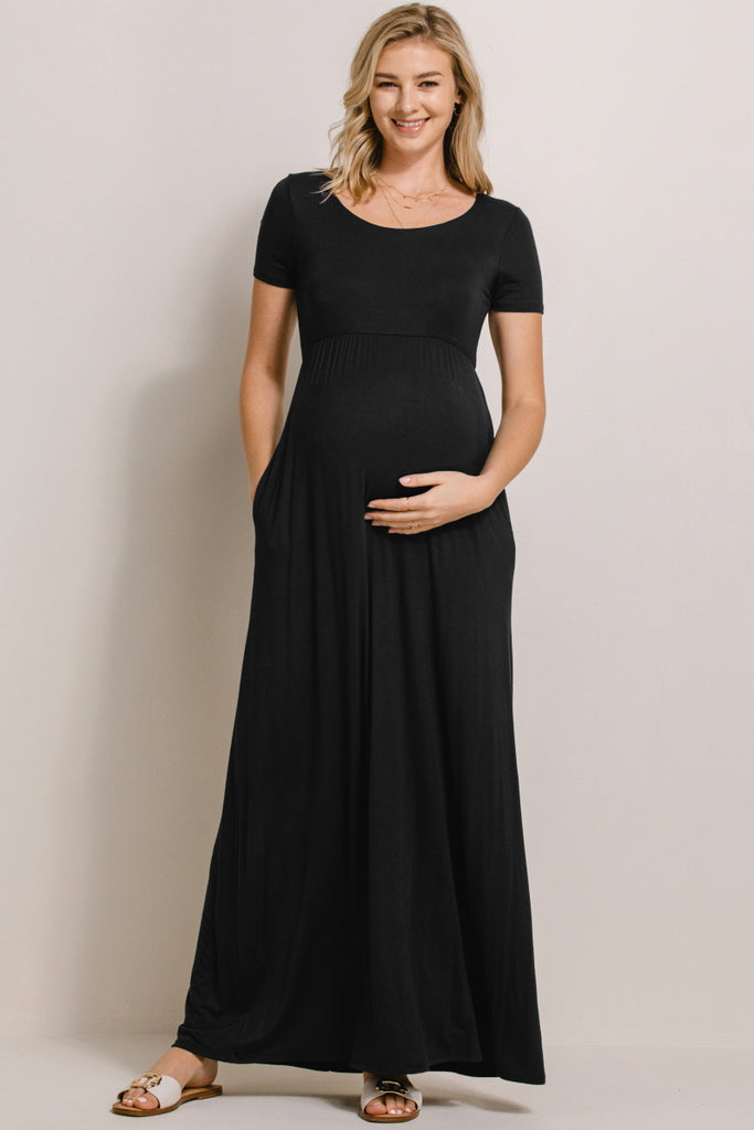 Black Solid Round Neck Maternity Maxi Flared Dress