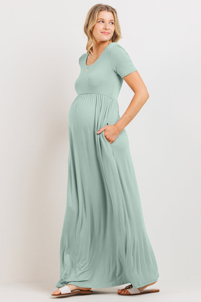 Sage Solid Round Neck Maternity Maxi Flared Dress