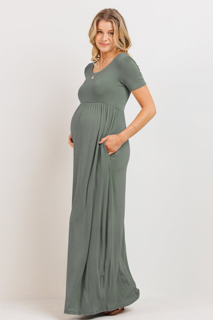 Olive Round Neck Maternity Maxi Flared Dress