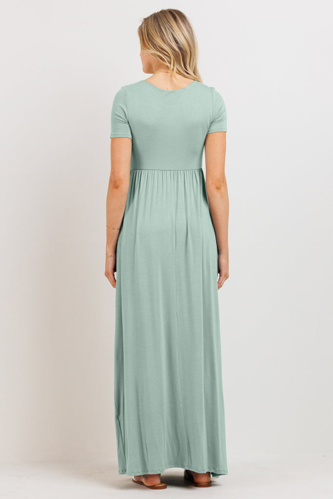 Sage Solid Round Neck Maternity Maxi Flared Dress