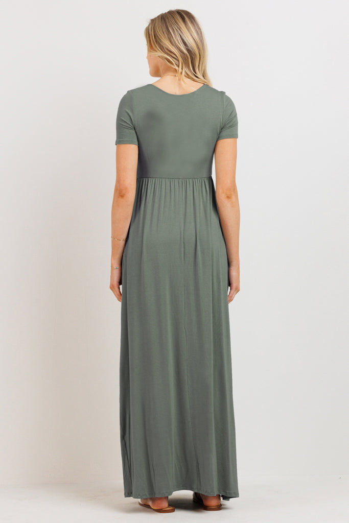 Olive Round Neck Maternity Maxi Flared Dress