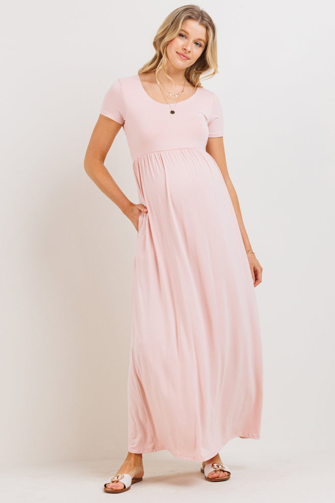 Blush Solid Round Neck Maternity Maxi Flared Dress