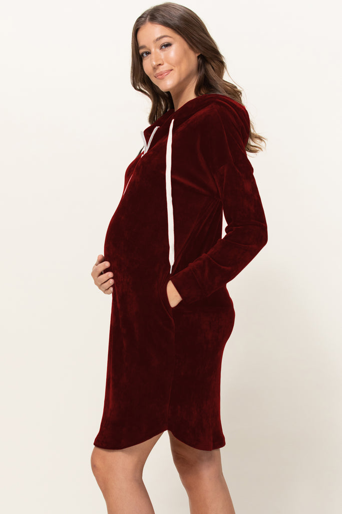 Burgundy Super Soft Stretch Velour Maternity/Nursing Front Zip Hoodie Dress w/Side Pockets