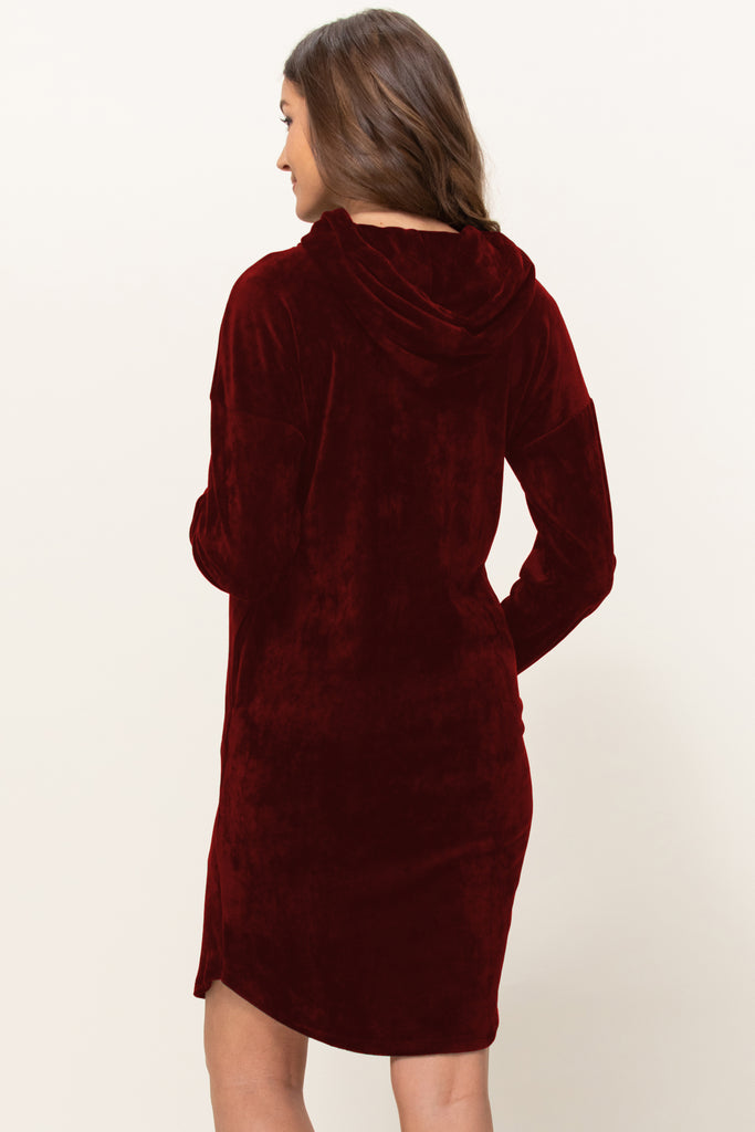 Burgundy Super Soft Stretch Velour Maternity/Nursing Front Zip Hoodie Dress w/Side Pockets