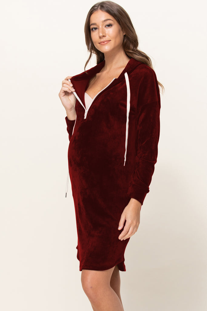 Burgundy Super Soft Stretch Velour Maternity/Nursing Front Zip Hoodie Dress w/Side Pockets