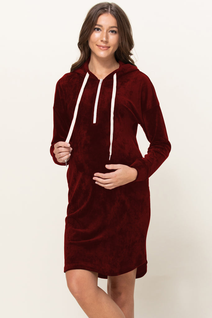 Super Soft Stretch Velour Maternity Nursing Front Zip Hoodie Dress