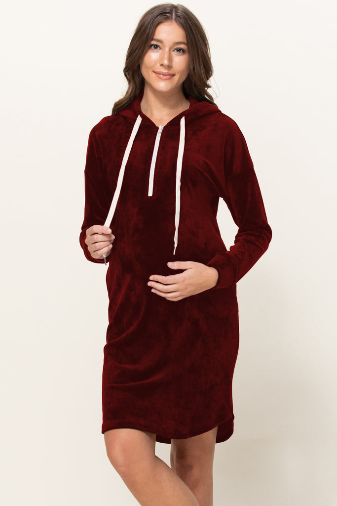 Burgundy Super Soft Stretch Velour Maternity/Nursing Front Zip Hoodie Dress w/Side Pockets