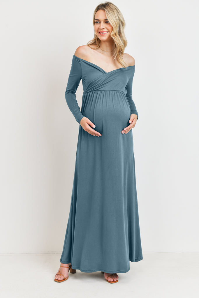 Turquoise Off Shoulder or Wide V-Neck Maternity Maxi Dress