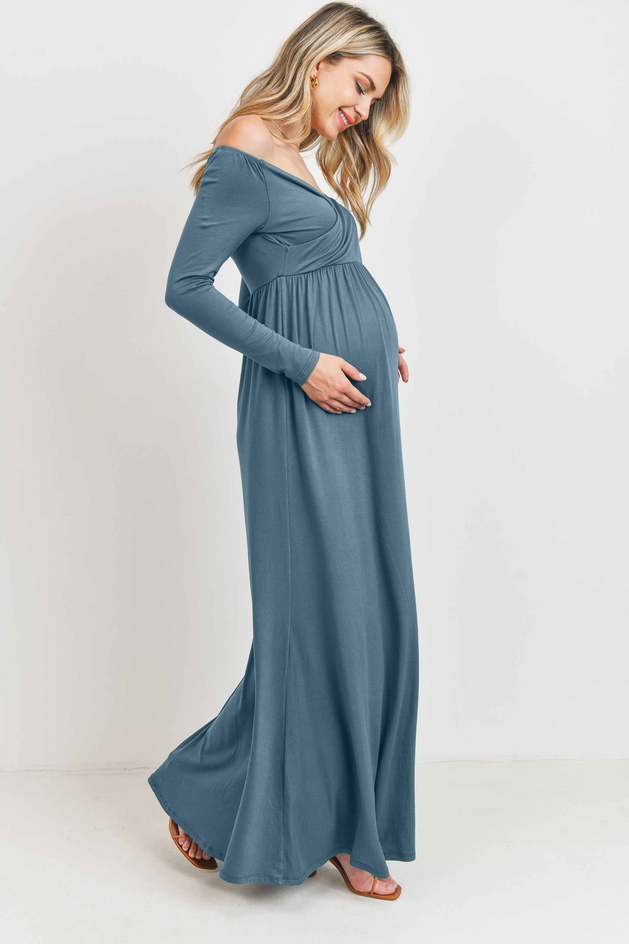 Off Shoulder or Wide V-Neck Maternity Maxi Dress Turquoise / Large Off Shoulder or Wide V-Neck Maternity Maxi Dress Turquoise / Large
