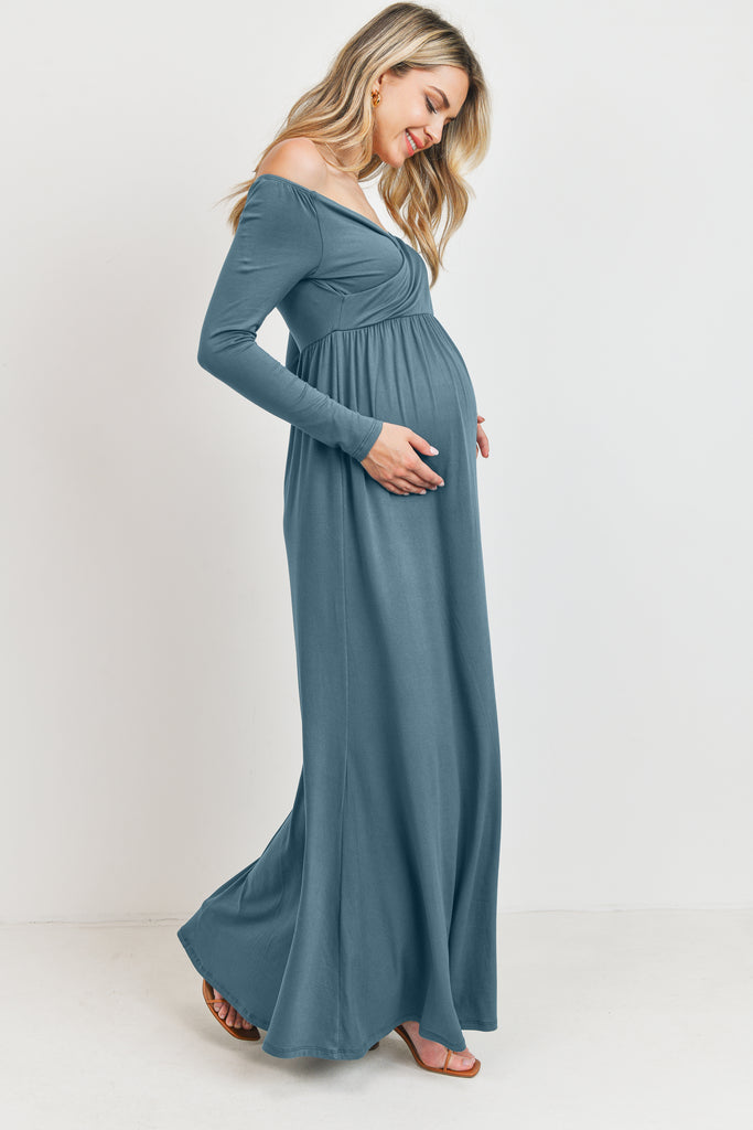 Turquoise Off Shoulder or Wide V-Neck Maternity Maxi Dress