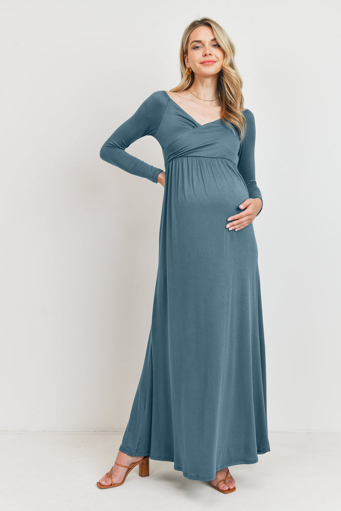 Turquoise Off Shoulder or Wide V-Neck Maternity Maxi Dress