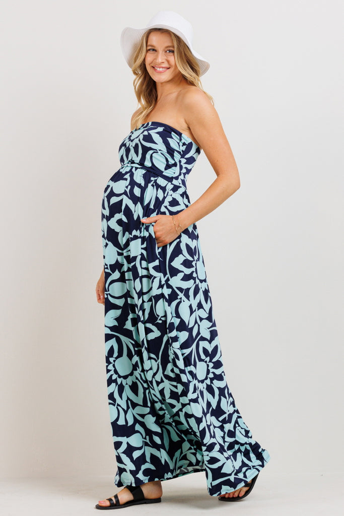 Navy/Mint Floral Ruched Tube Top Maternity Maxi Dress