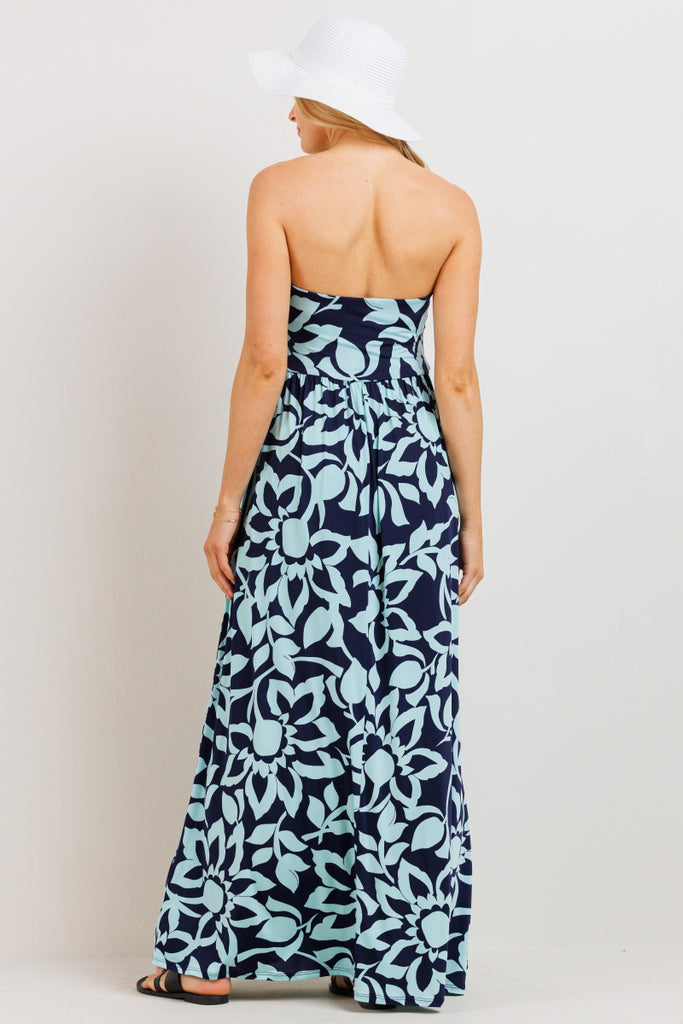 Navy/Mint Floral Ruched Tube Top Maternity Maxi Dress