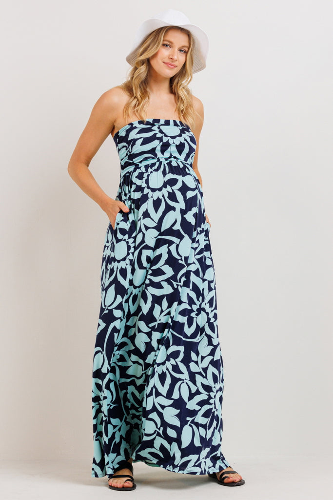 Navy/Mint Floral Ruched Tube Top Maternity Maxi Dress