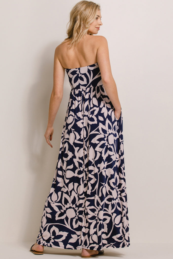 Navy/Taupe Floral Ruched Tube Top Maternity Maxi Dress