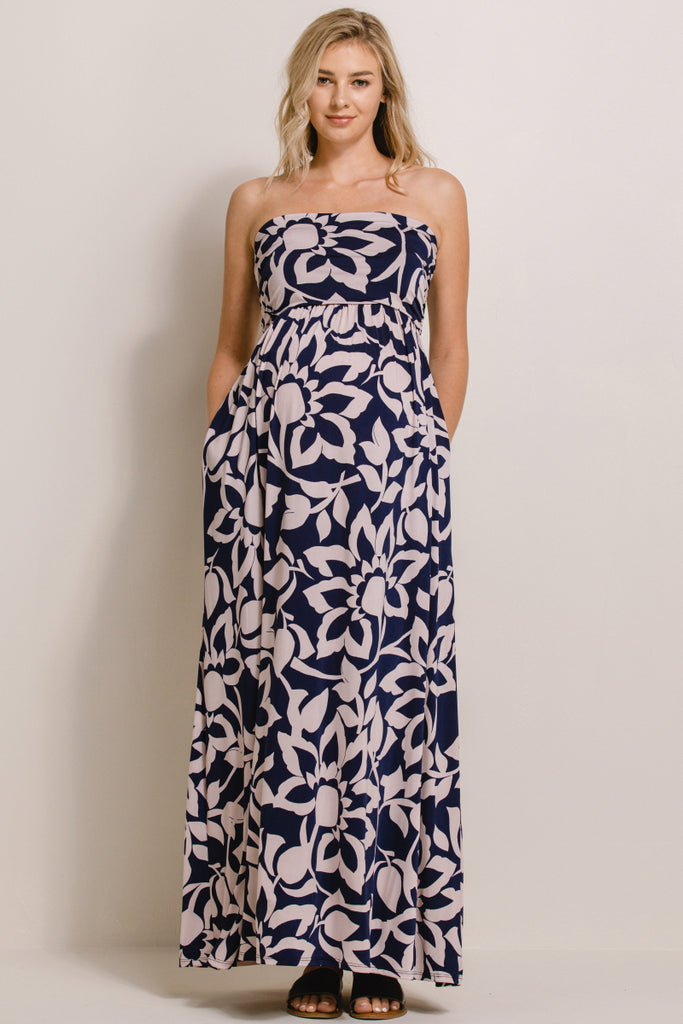 Navy/Taupe Floral Ruched Tube Top Maternity Maxi Dress