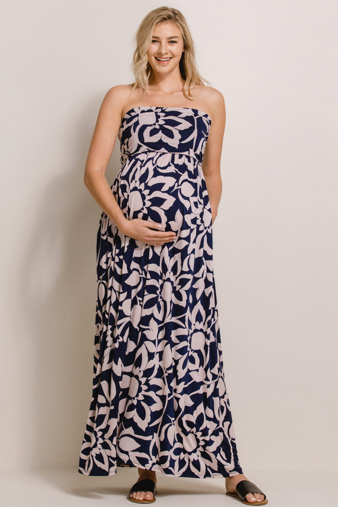 Navy/Taupe Floral Ruched Tube Top Maternity Maxi Dress