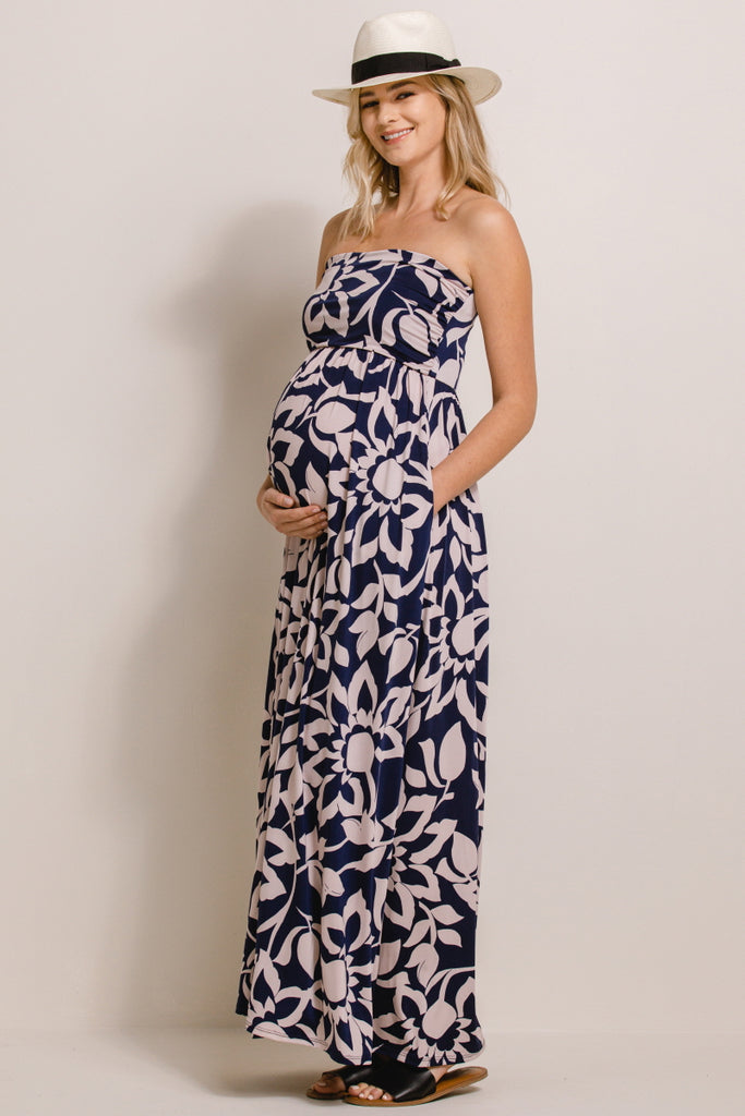 Navy/Taupe Floral Ruched Tube Top Maternity Maxi Dress