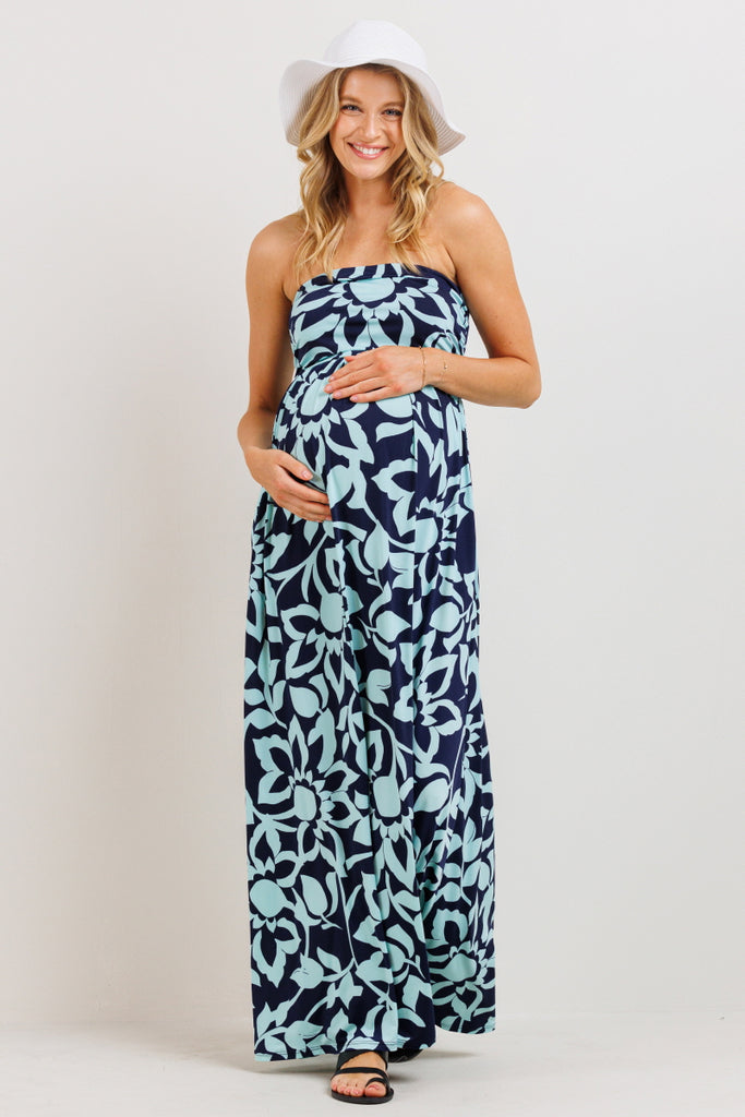 Navy/Mint Floral Ruched Tube Top Maternity Maxi Dress