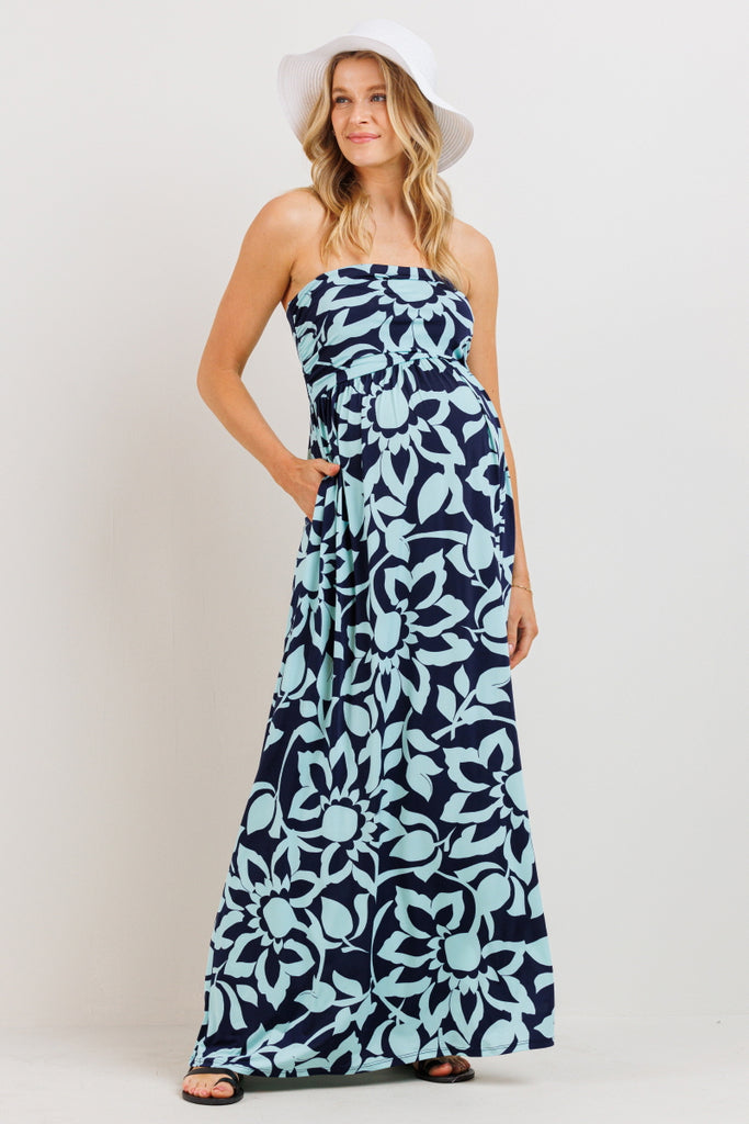 Navy/Mint Floral Ruched Tube Top Maternity Maxi Dress