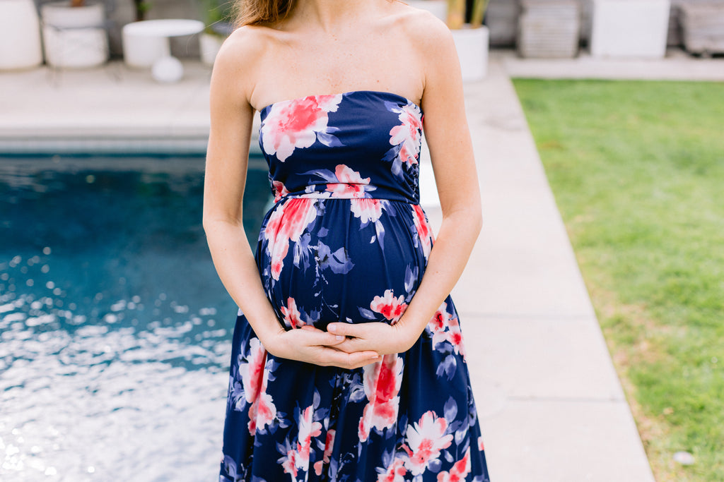 Navy Floral Ruched Tube Top Maternity Maxi Dress