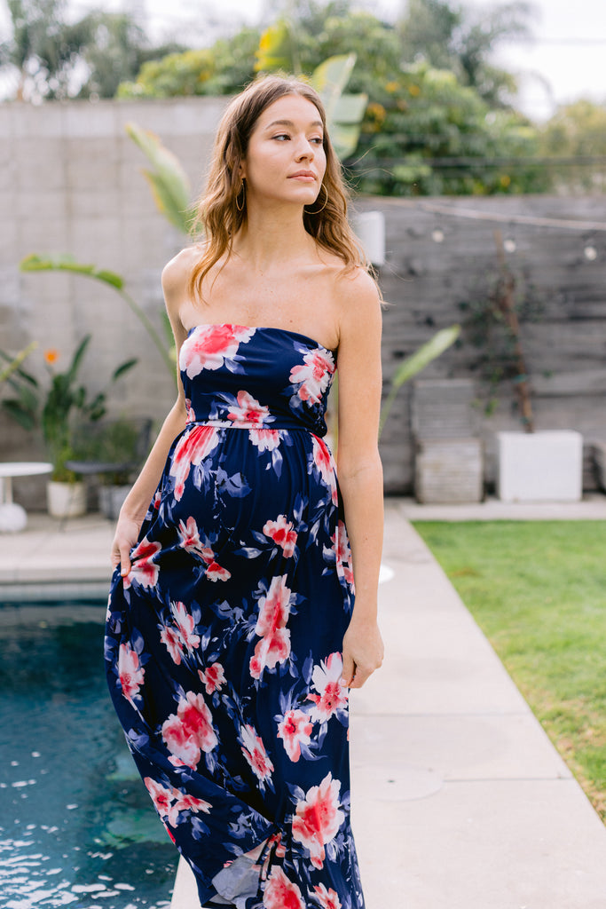 Navy Floral Ruched Tube Top Maternity Maxi Dress