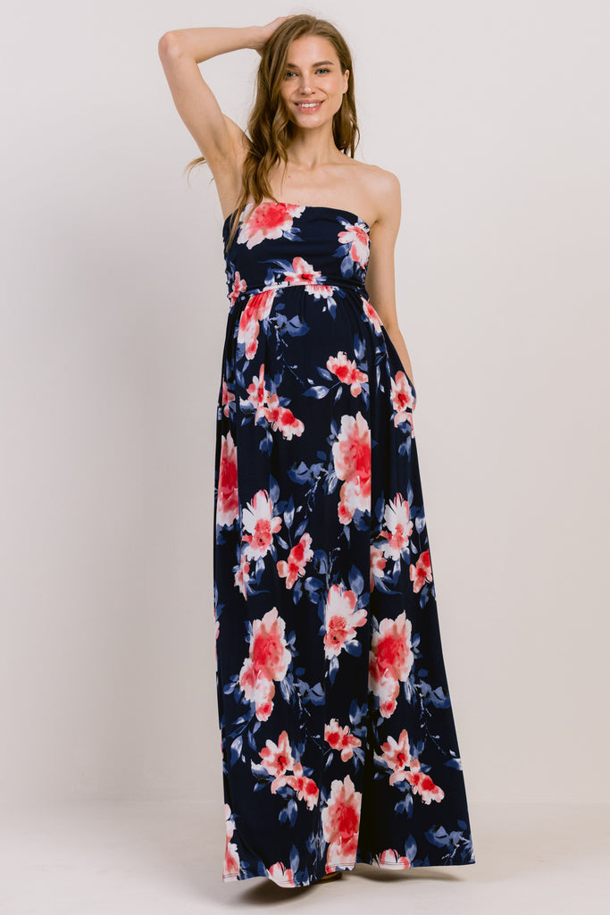 Navy Floral Ruched Tube Top Maternity Maxi Dress