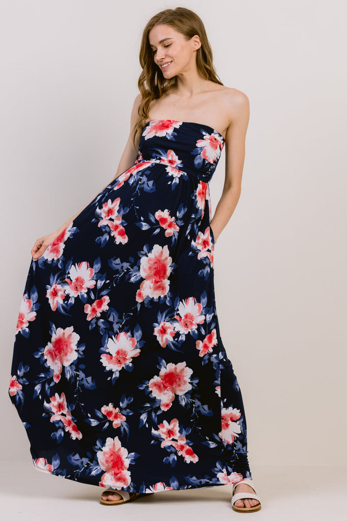 Navy Floral Ruched Tube Top Maternity Maxi Dress