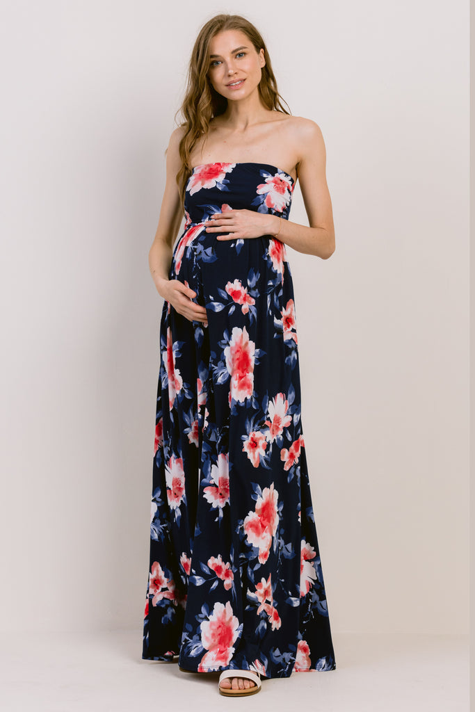 Navy Floral Ruched Tube Top Maternity Maxi Dress