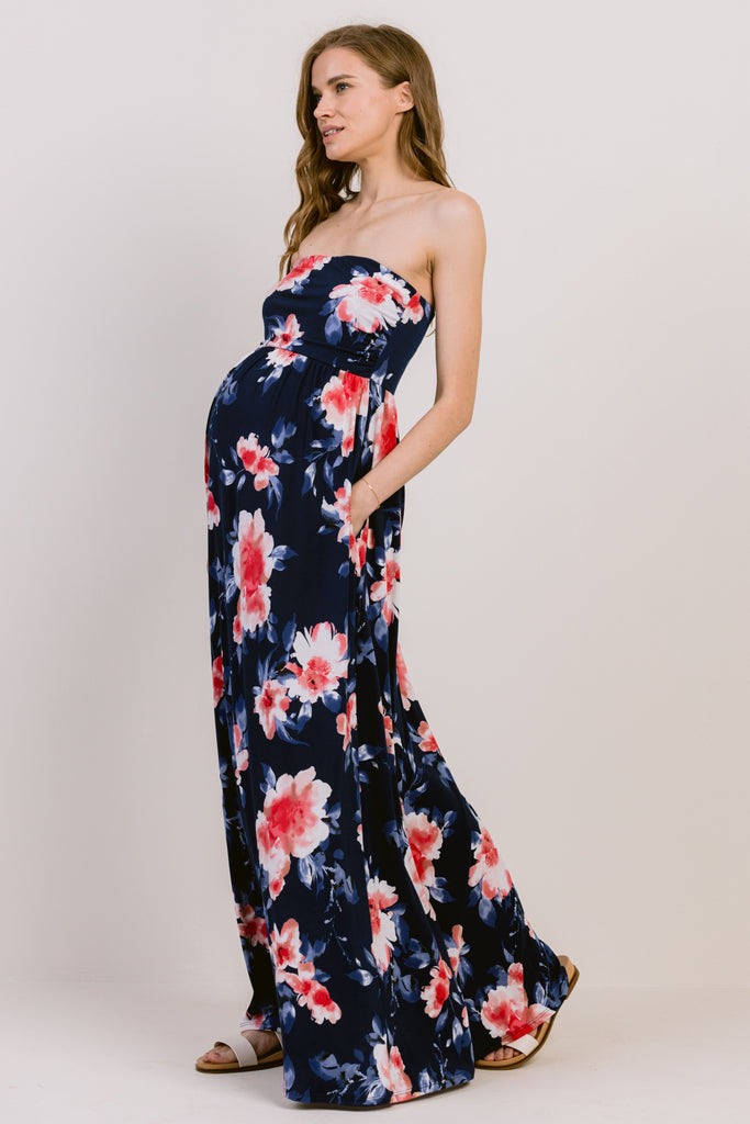 Navy Floral Ruched Tube Top Maternity Maxi Dress