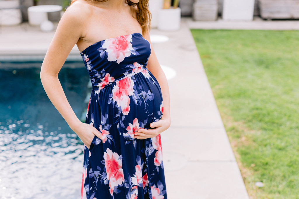 Navy Floral Ruched Tube Top Maternity Maxi Dress