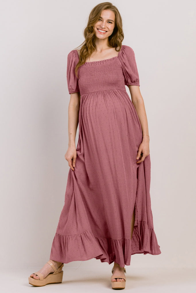 Mauve Swiss Dot Smocked Square Neck Maternity Maxi Dress