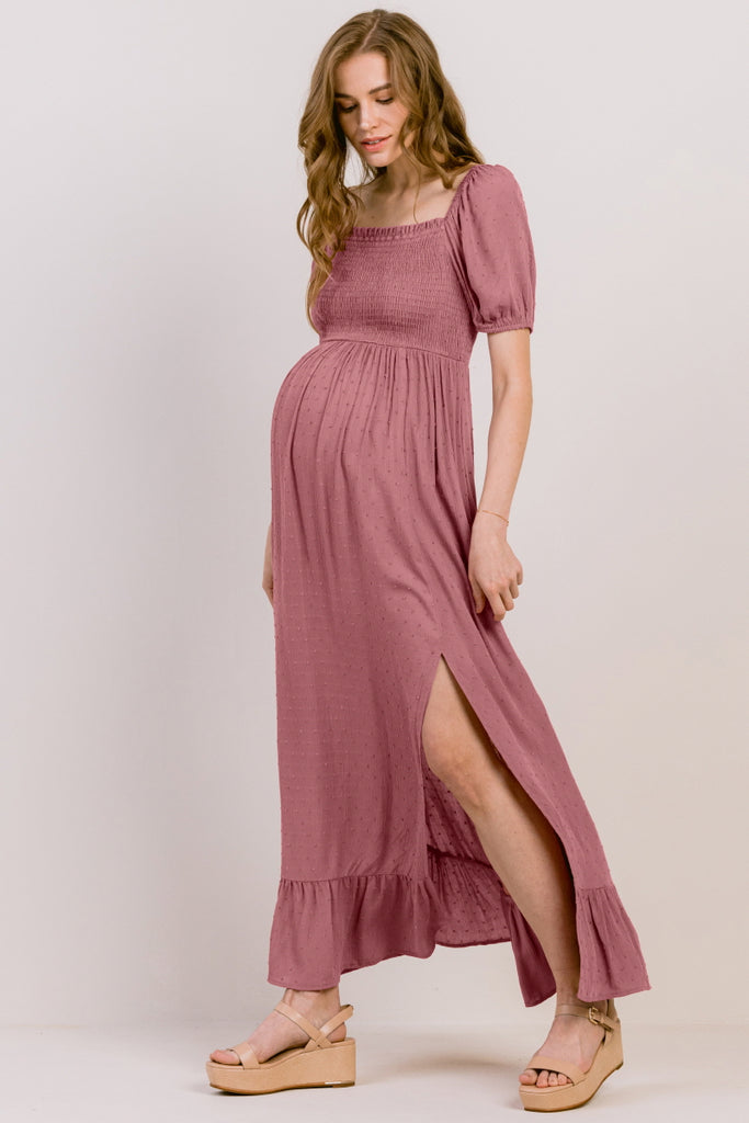 Mauve Swiss Dot Smocked Square Neck Maternity Maxi Dress