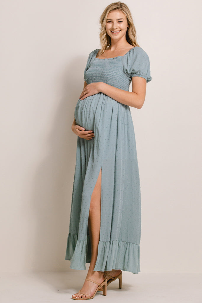 Sage Swiss Dot Smocked Square Neck Maternity Maxi Dress