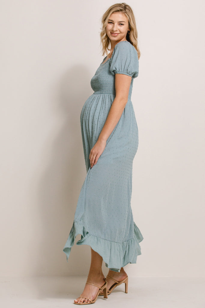 Sage Swiss Dot Smocked Square Neck Maternity Maxi Dress