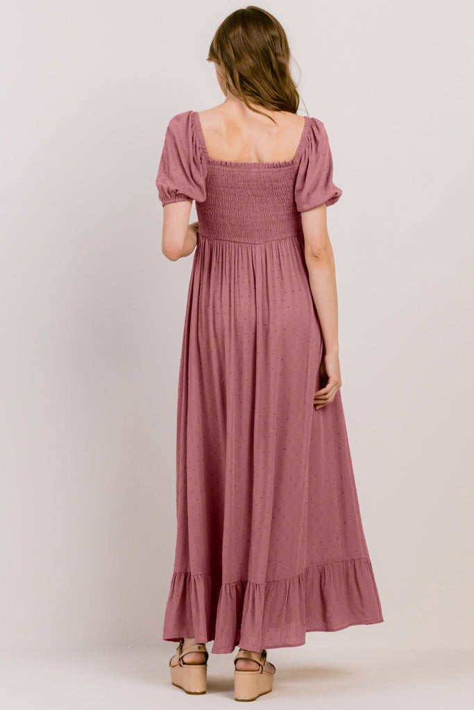 Mauve Swiss Dot Smocked Square Neck Maternity Maxi Dress