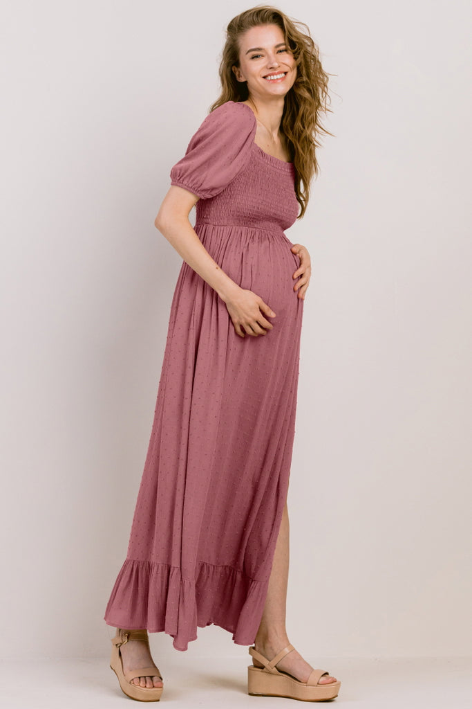 Mauve Swiss Dot Smocked Square Neck Maternity Maxi Dress