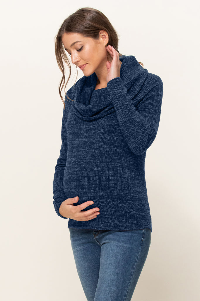Navy Cowl Neck Sweater Knit Maternity Top